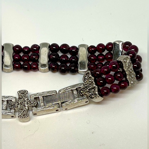 Vintage Marcasite, silver and Red Garnet Triple Row Beaded Bracelet - Picture 6 of 11